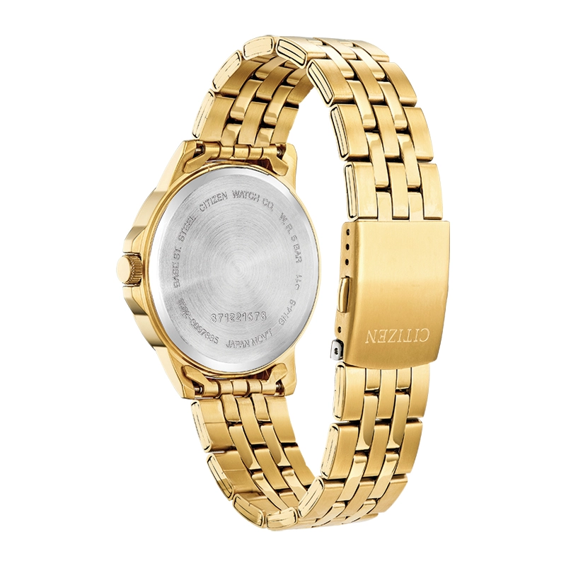 Reloj Citizen análogo, para Hombre, tablero redondo color dorado, estilo index, pulso acero color dorado, calendario
