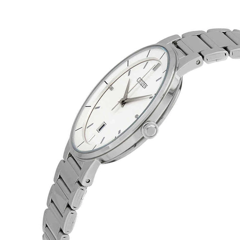 Reloj Citizen analogo, para Hombre, tablero redondo color blanco, estilo index, pulso acero color plateado, calendario