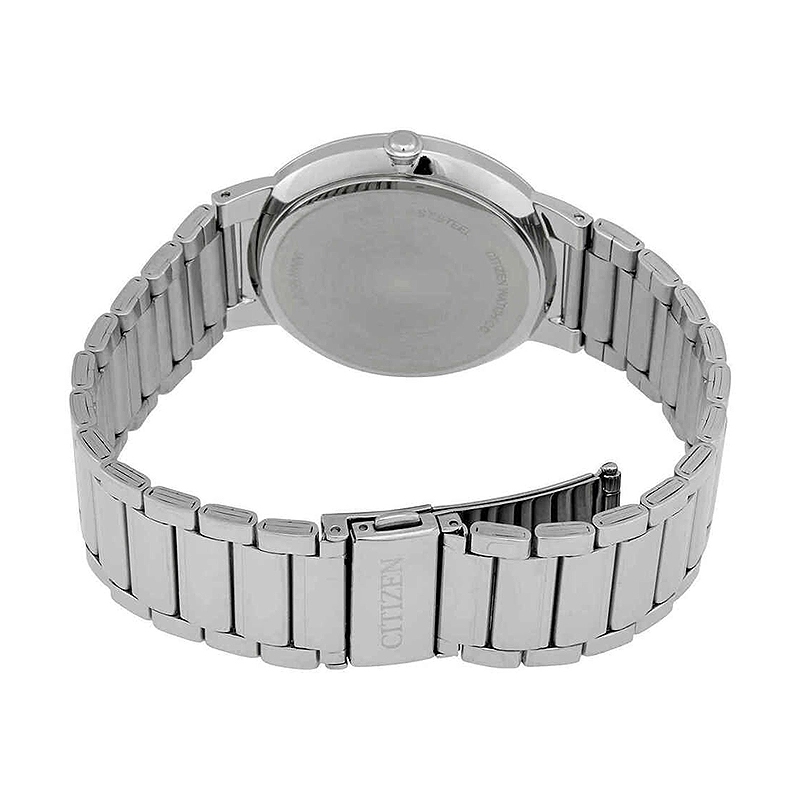 Reloj Citizen analogo, para Hombre, tablero redondo color blanco, estilo index, pulso acero color plateado, calendario