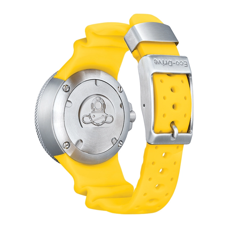 Reloj Citizen analogo, para Hombre, tablero redondo colores azul y blanco, estilo index, pulso silicona color amarillo, calendario