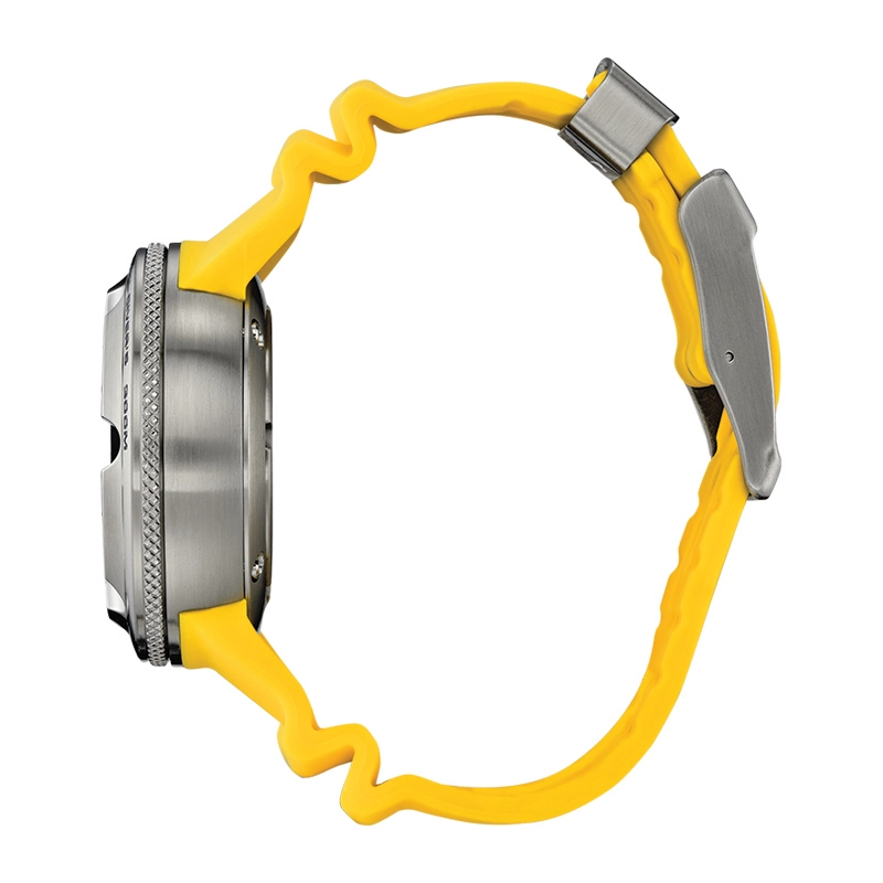 Reloj Citizen analogo, para Hombre, tablero redondo colores azul y blanco, estilo index, pulso silicona color amarillo, calendario