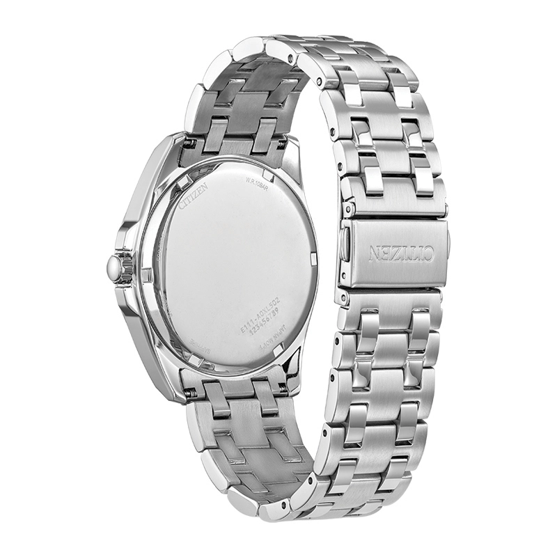 Reloj Citizen analogo, para Hombre, tablero redondo color verde, estilo index, pulso acero color plateado, calendario