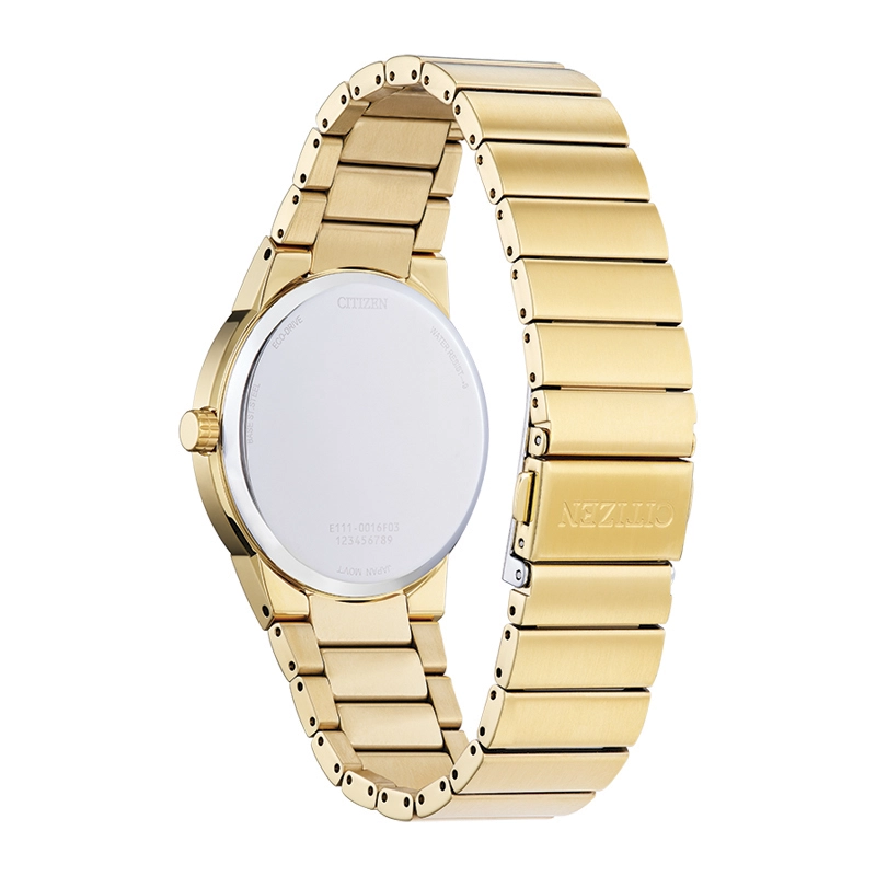 Reloj Citizen analogo, para Hombre, tablero redondo color negro, estilo index, pulso acero color dorado, calendario