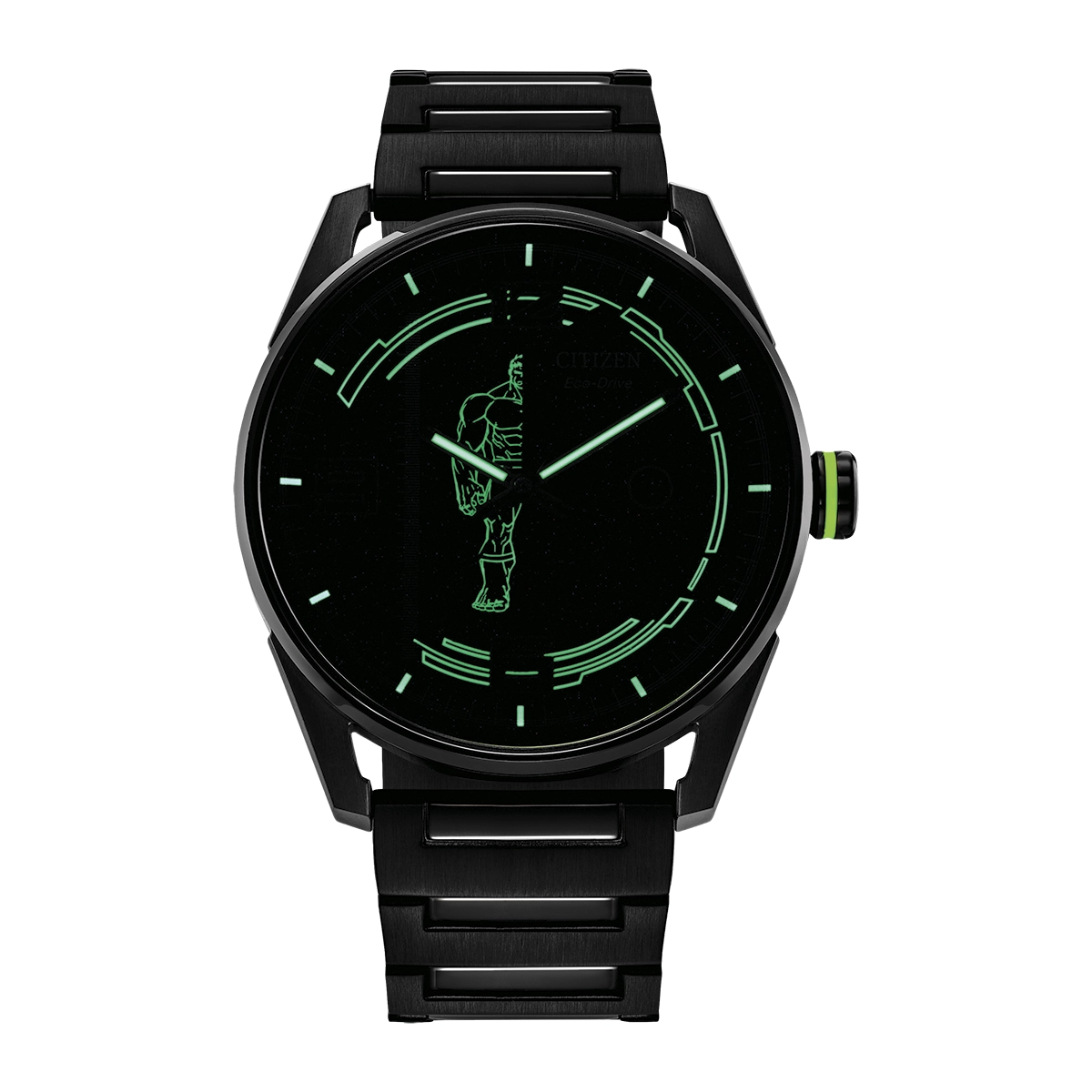 Reloj Citizen análogo, para Hombre, tablero redondo colores negro y verde, estilo arábigos, pulso acero color negro, calendario