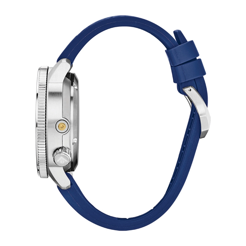 Reloj Citizen análogo, para Hombre, tablero redondo colores azul y rojo, estilo index + puntos, pulso silicona color azul, calendario