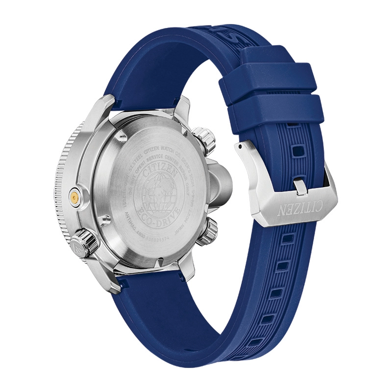 Reloj Citizen análogo, para Hombre, tablero redondo colores azul y rojo, estilo index + puntos, pulso silicona color azul, calendario