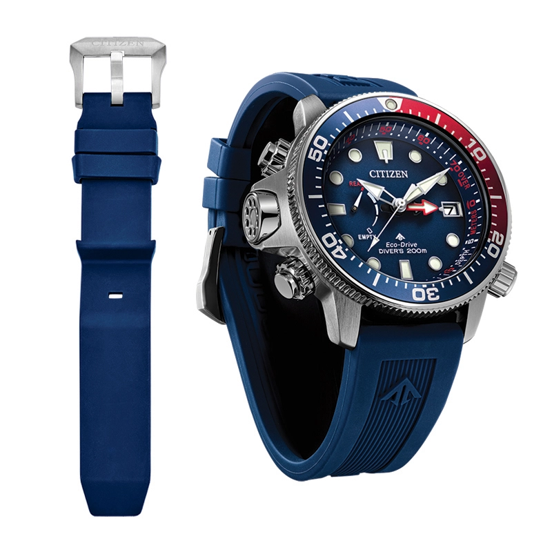 Reloj Citizen análogo, para Hombre, tablero redondo colores azul y rojo, estilo index + puntos, pulso silicona color azul, calendario