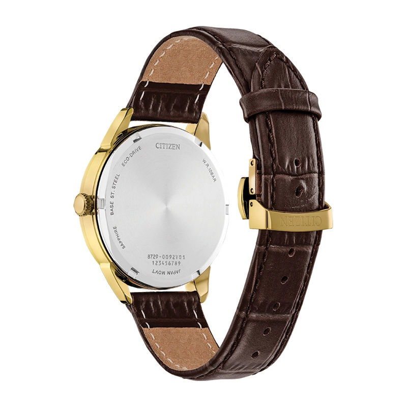 Reloj Citizen analogo, para Hombre, tablero redondo colores negro y dorado, estilo index, pulso cuero color café, calendario