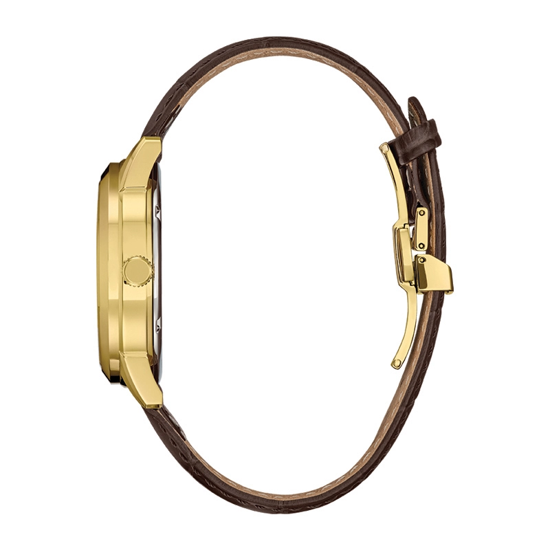 Reloj Citizen analogo, para Hombre, tablero redondo colores negro y dorado, estilo index, pulso cuero color café, calendario