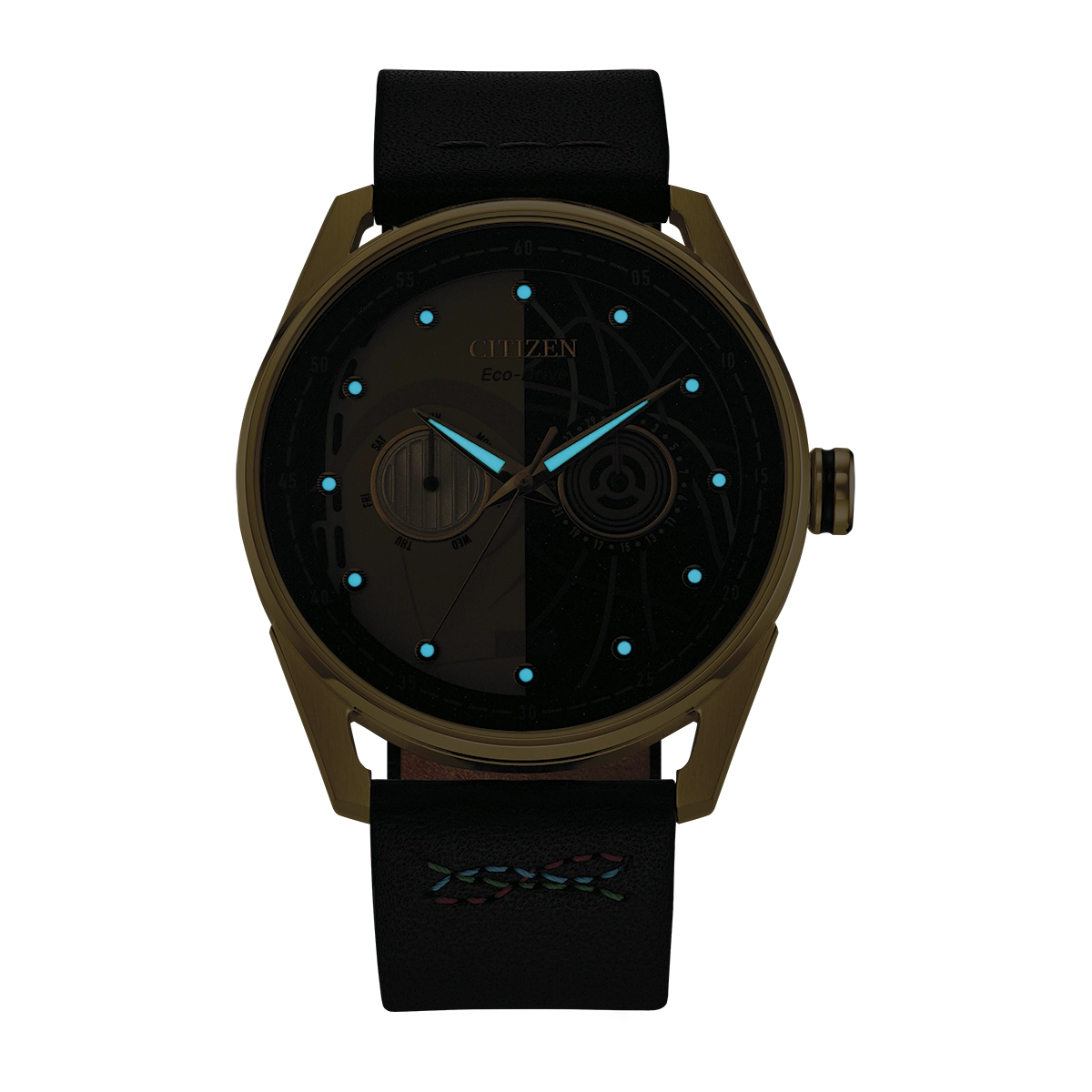 Reloj Citizen análogo, para Hombre, tablero redondo colores negro y amarillo, estilo puntos, pulso cuero color negro