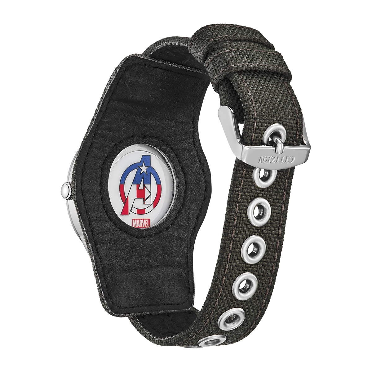 Reloj Citizen análogo, para Hombre, tablero redondo color negro, estilo arábigos, pulso lona color verde, calendario