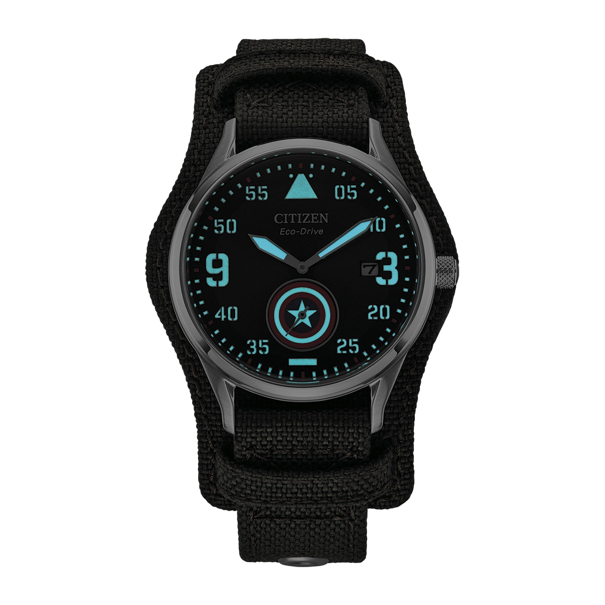 Reloj Citizen análogo, para Hombre, tablero redondo color negro, estilo arábigos, pulso lona color verde, calendario