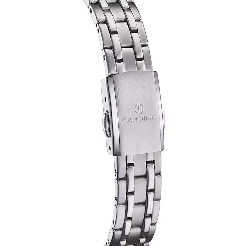 Reloj Candino análogo, para Dama, tablero redondo color blanco, estilo puntos + romano, pulso acero color plateado, calendario