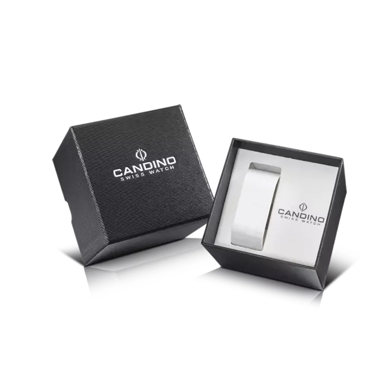 Reloj Candino análogo, para Dama, tablero redondo color blanco, estilo puntos + romano, pulso acero color plateado, calendario