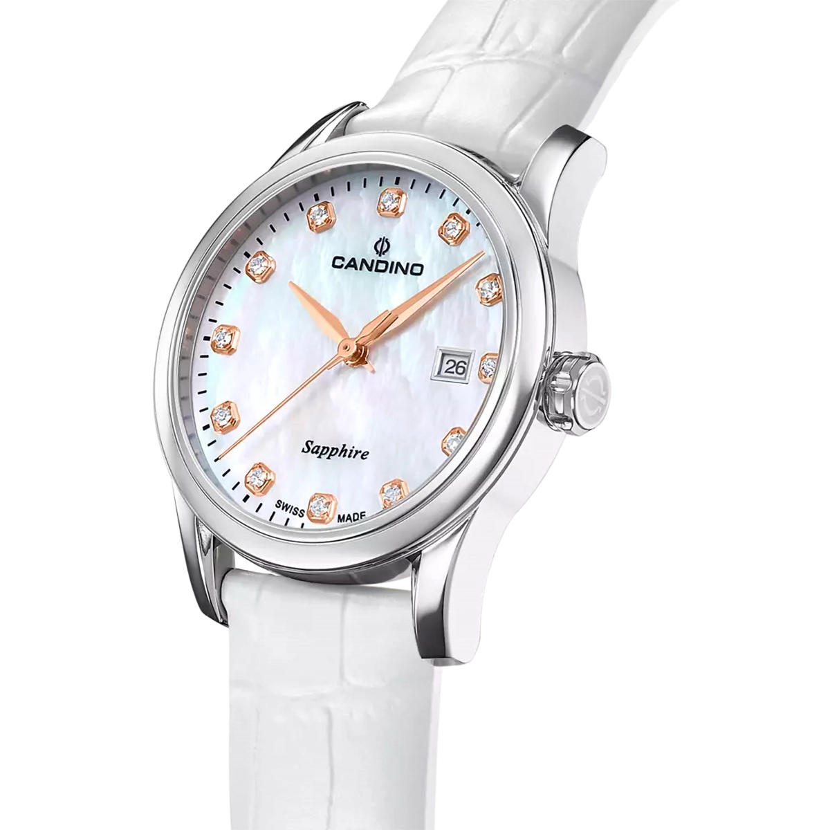 Reloj Candino analogo, para Dama, tablero redondo color blanco, estilo puntos, pulso cuero color blanco, calendario