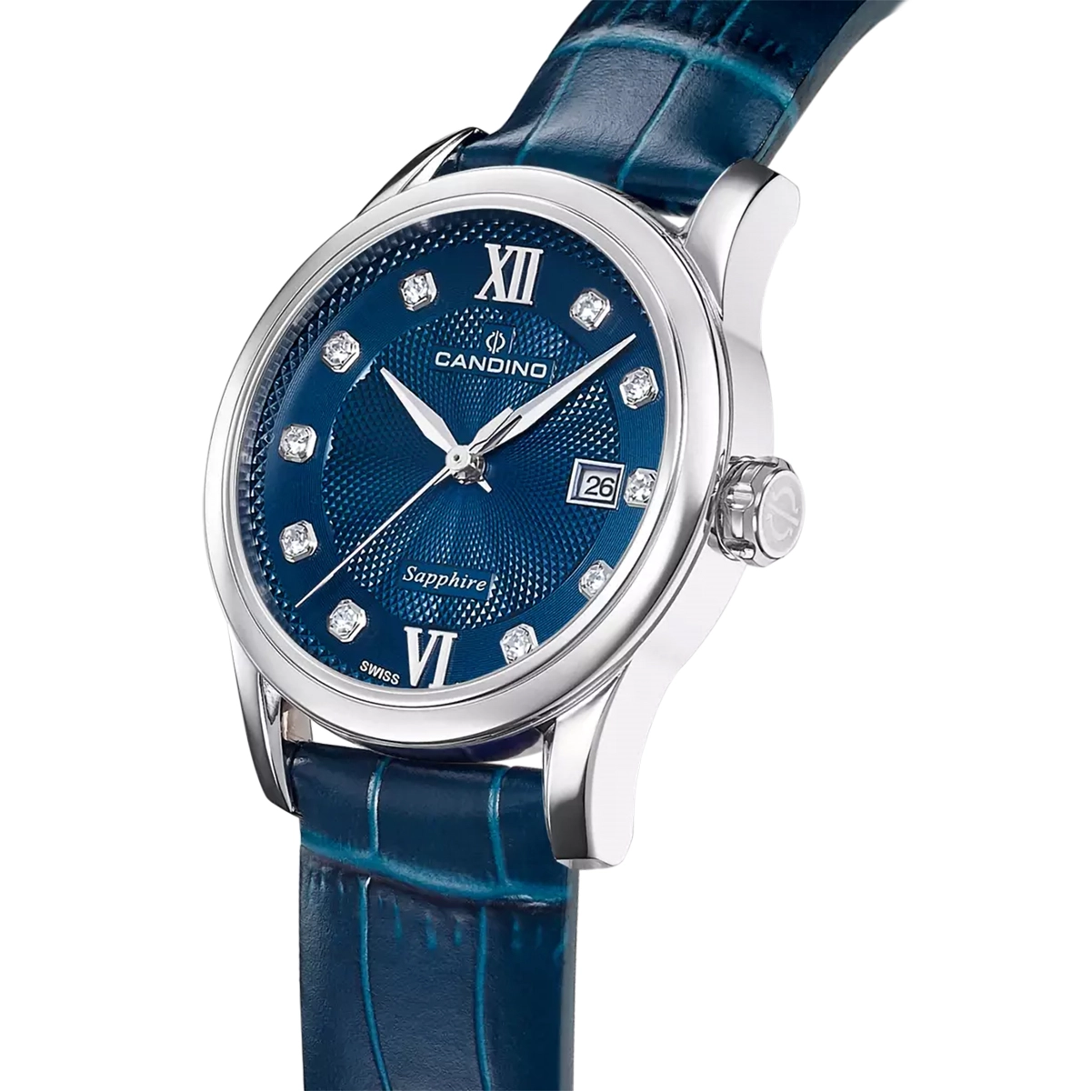 Reloj Candino analogo, para Dama, tablero redondo color azul, estilo puntos + romano, pulso cuero color azul, calendario