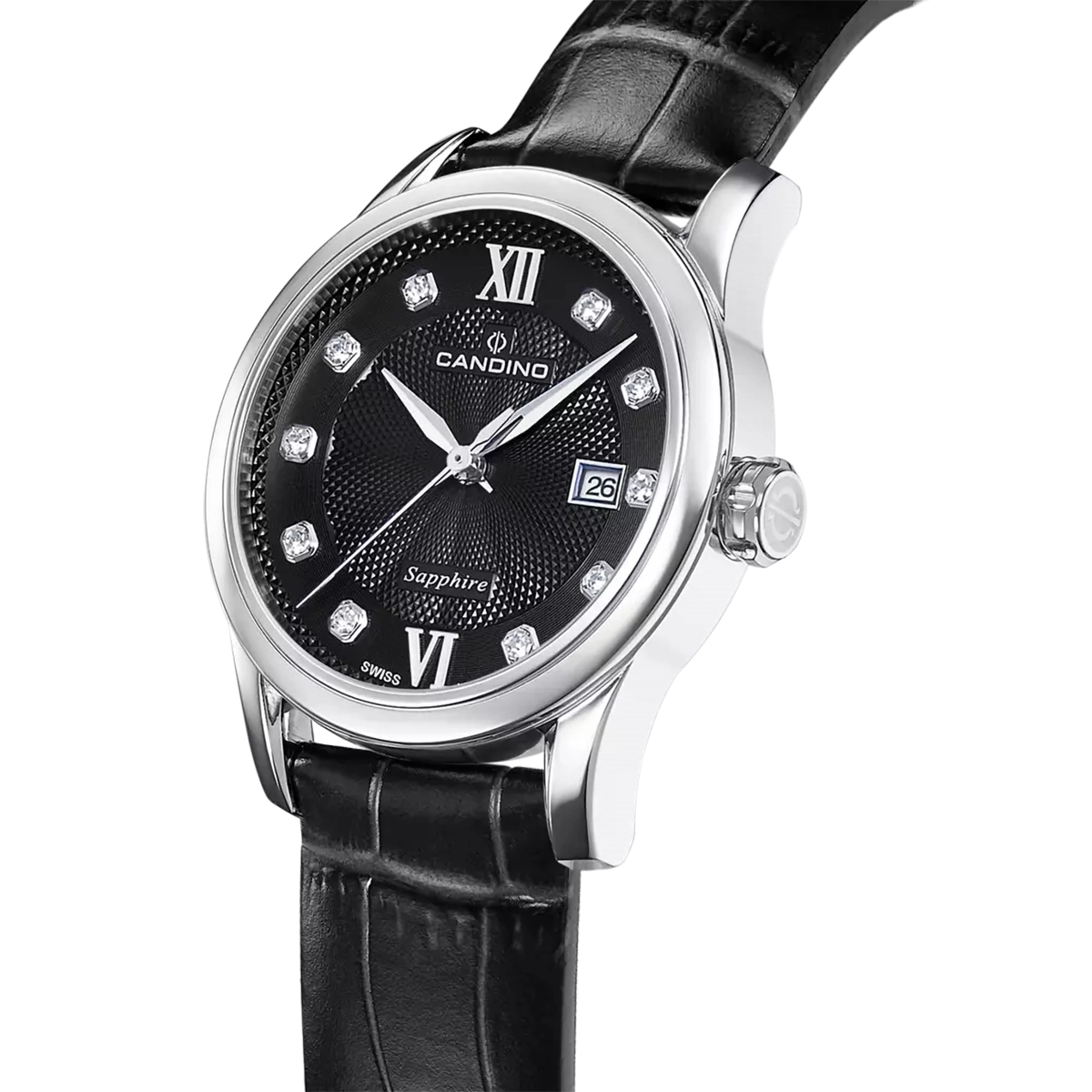 Reloj Candino analogo, para Dama, tablero redondo color negro, estilo puntos + romano, pulso cuero color negro, calendario