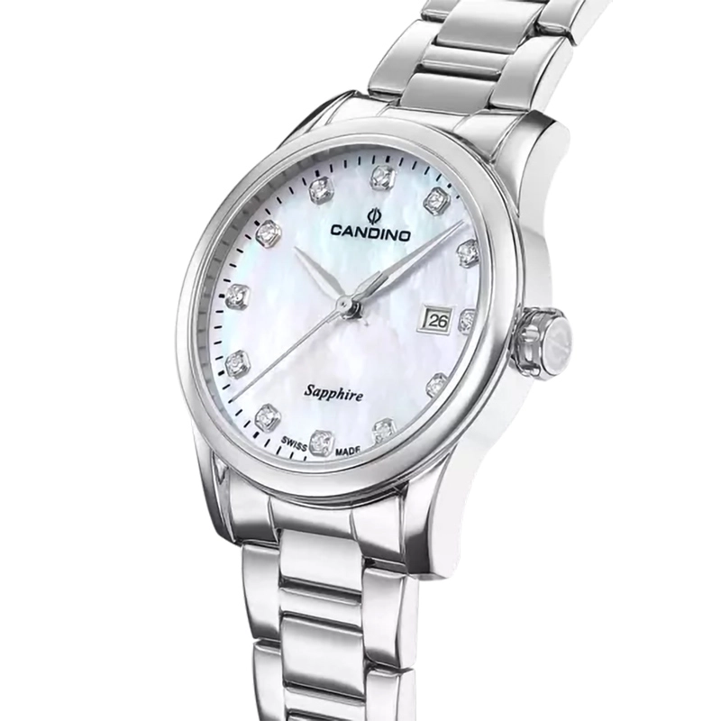 Reloj Candino analogo, para Dama, tablero redondo colores blanco y plateado, estilo puntos, pulso acero color plateado, calendario