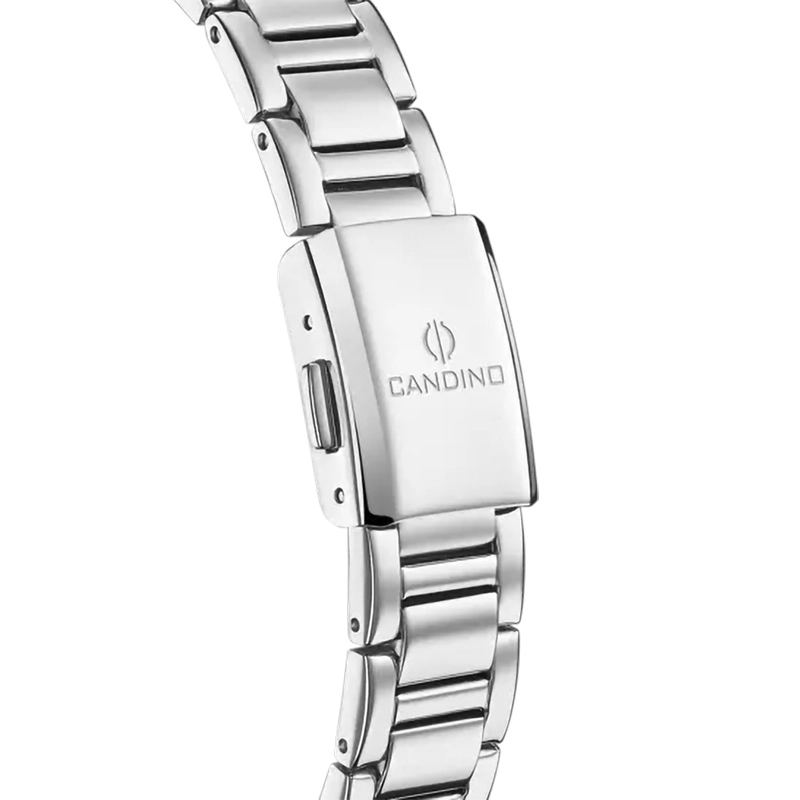Reloj Candino analogo, para Dama, tablero redondo colores blanco y plateado, estilo puntos, pulso acero color plateado, calendario