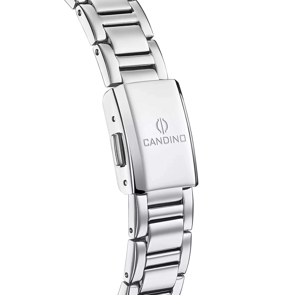 Reloj Candino analogo, para Dama, tablero redondo color plateado, estilo index + romano, pulso acero color plateado, calendario