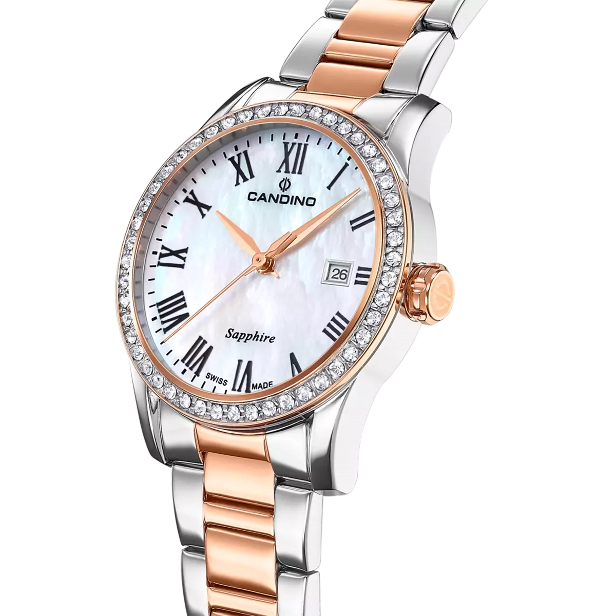 Reloj Candino analogo, para Dama, tablero redondo color blanco, estilo romanos, pulso acero colores plateado y rosa, calendario