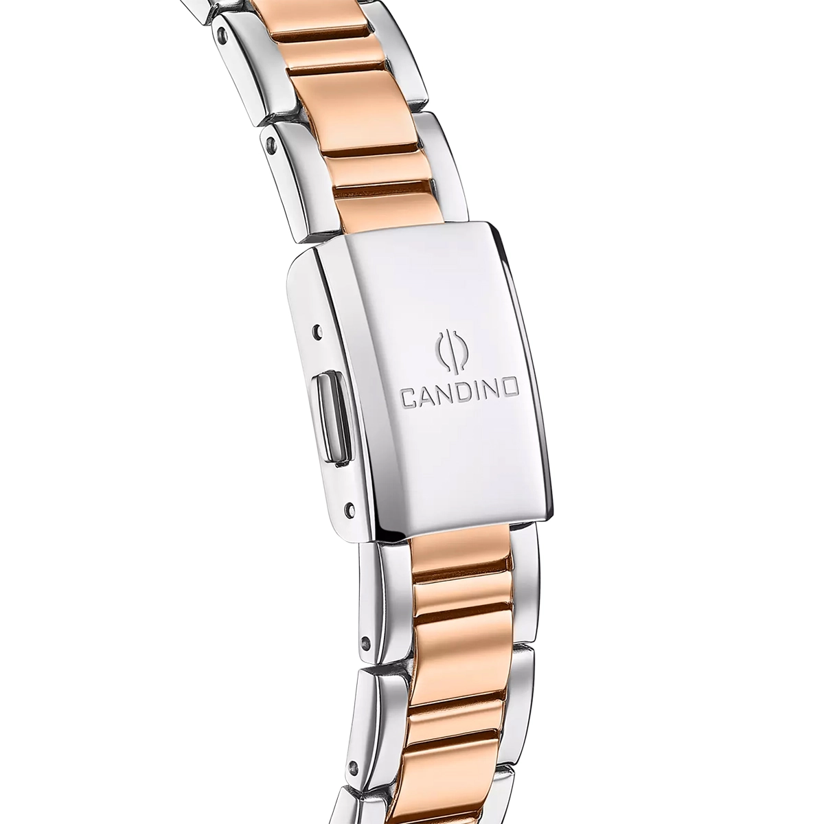 Reloj Candino analogo, para Dama, tablero redondo color blanco, estilo romanos, pulso acero colores plateado y rosa, calendario