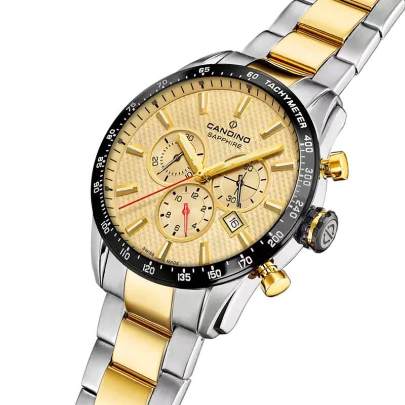 Reloj Candino analogo, para Hombre, tablero redondo color dorado, estilo index, pulso acero colores plateado y dorado, calendario, cronografo