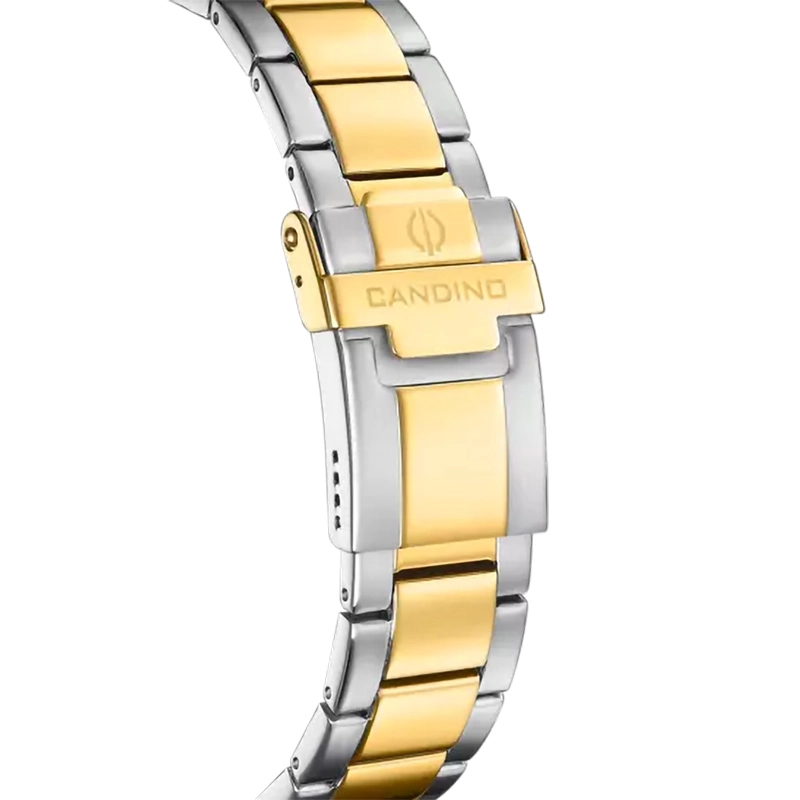 Reloj Candino analogo, para Hombre, tablero redondo color dorado, estilo index, pulso acero colores plateado y dorado, calendario, cronografo