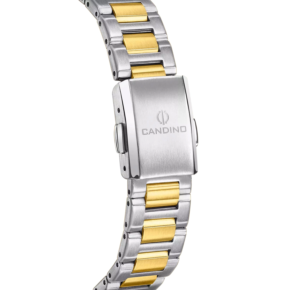 Reloj Candino analogo, para Dama, tablero redondo color plateado, estilo puntos + romano, pulso acero colores plateado y dorado