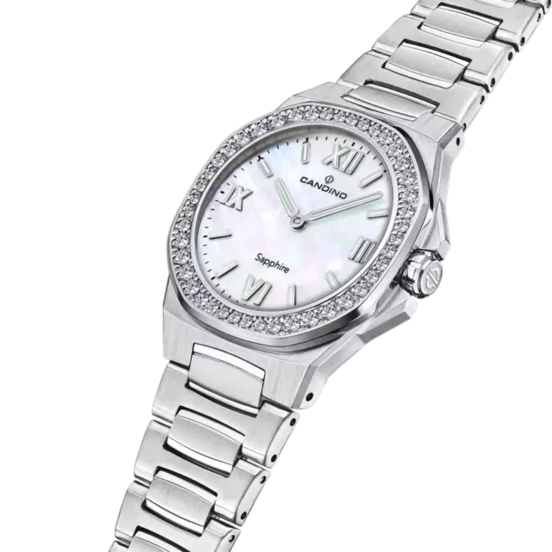 Reloj Candino analogo, para Dama, tablero redondo color blanco, estilo index + romano, pulso acero color plateado