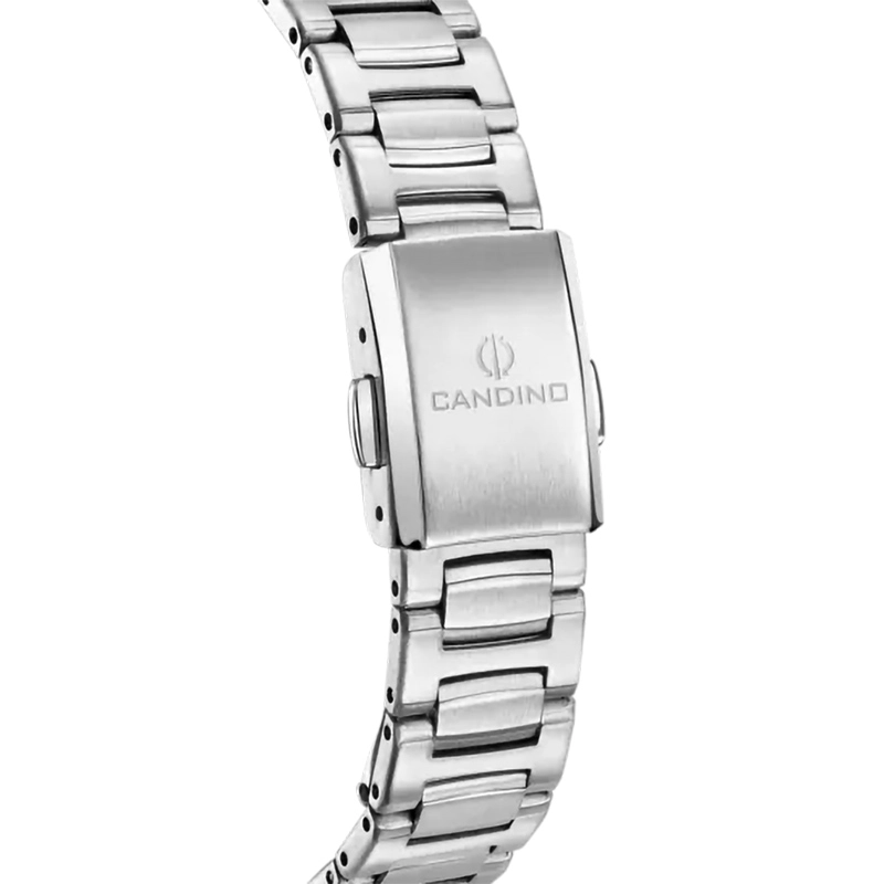 Reloj Candino analogo, para Dama, tablero redondo color blanco, estilo index + romano, pulso acero color plateado