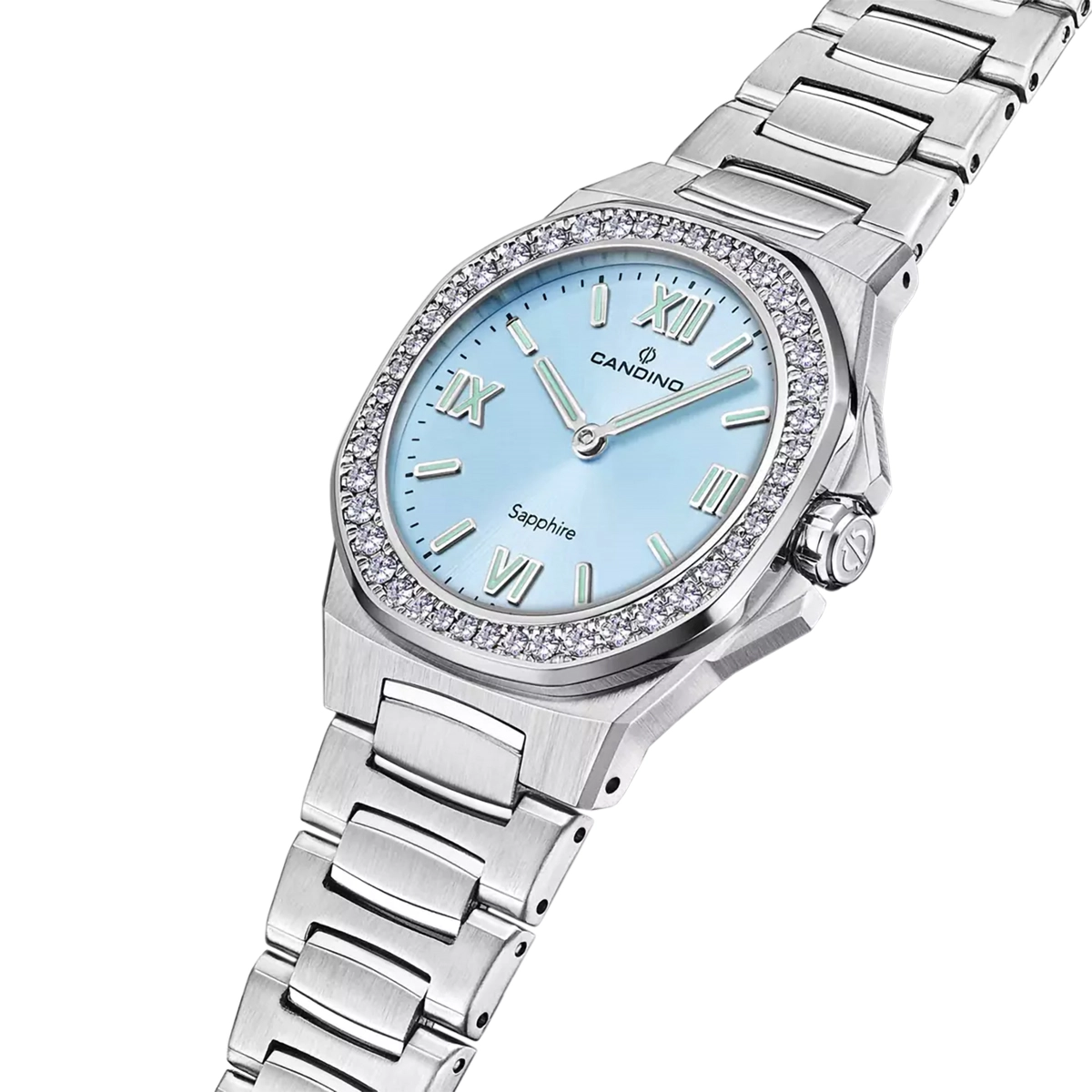 Reloj Candino analogo, para Dama, tablero redondo color azul, estilo index + romano, pulso acero color plateado