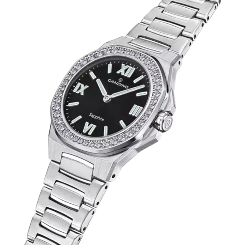 Reloj Candino analogo, para Dama, tablero redondo color negro, estilo index + romano, pulso acero color plateado