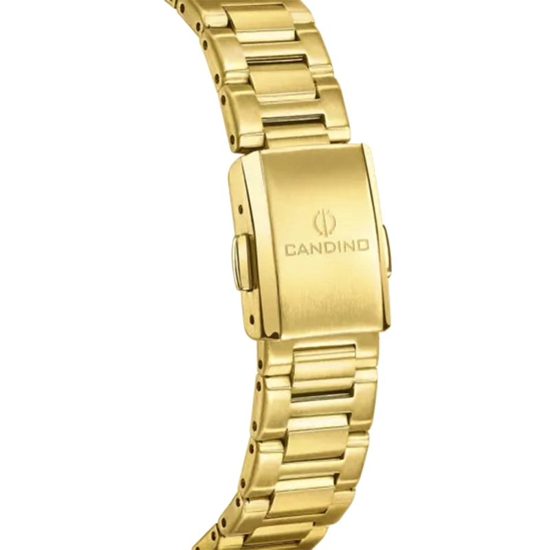 Reloj Candino analogo, para Dama, tablero redondo color blanco, estilo puntos + romano, pulso acero color dorado