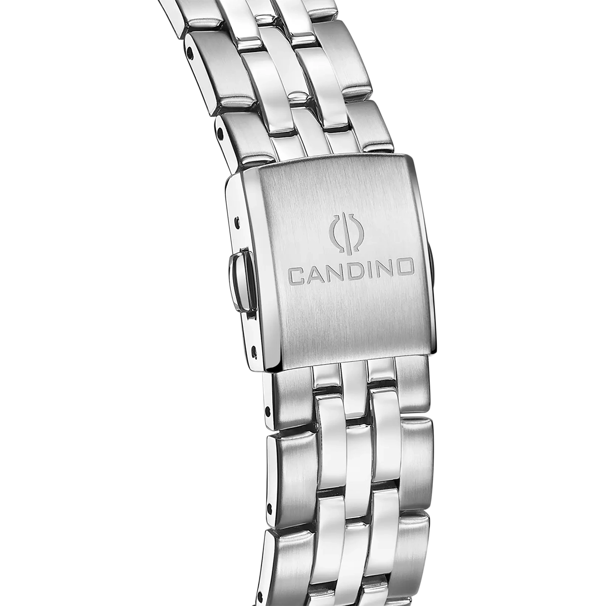 Reloj Candino análogo, para Hombre, tablero redondo color blanco, estilo index + arábigo, pulso acero color plateado, calendario