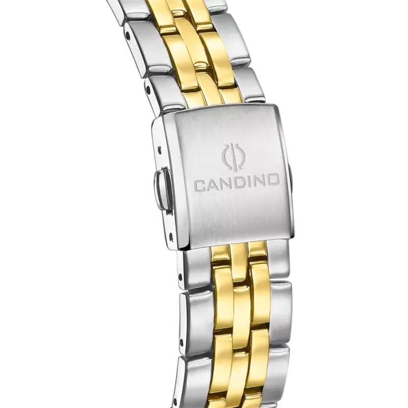 Reloj Candino analogo, para Hombre, tablero redondo color plateado, estilo index + arabigo, pulso acero colores plateado y dorado, calendario