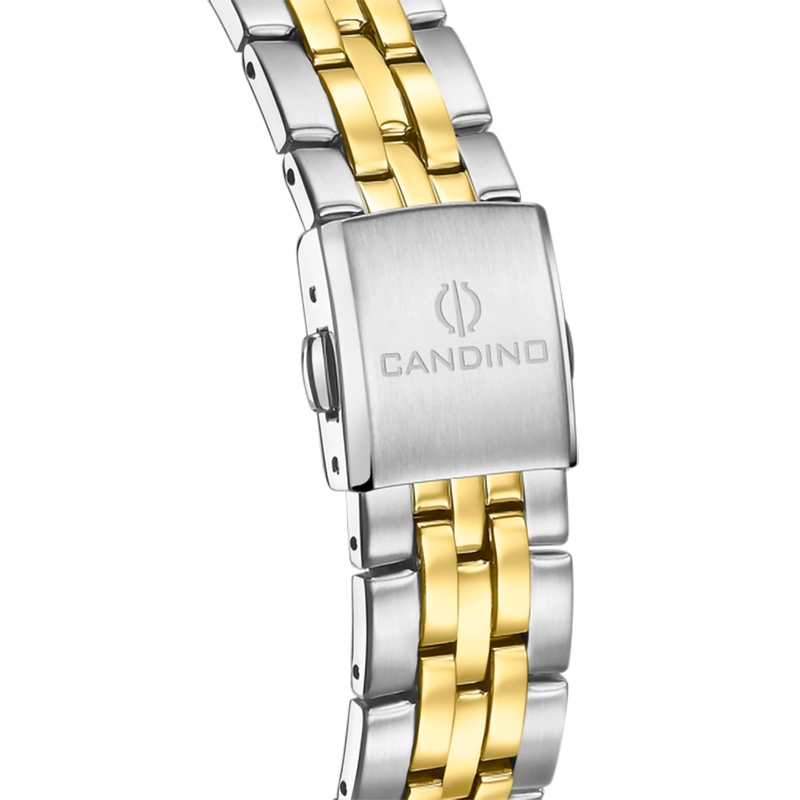 Reloj Candino analogo, para Hombre, tablero redondo color verde, estilo index + arabigo, pulso acero colores plateado y dorado, calendario