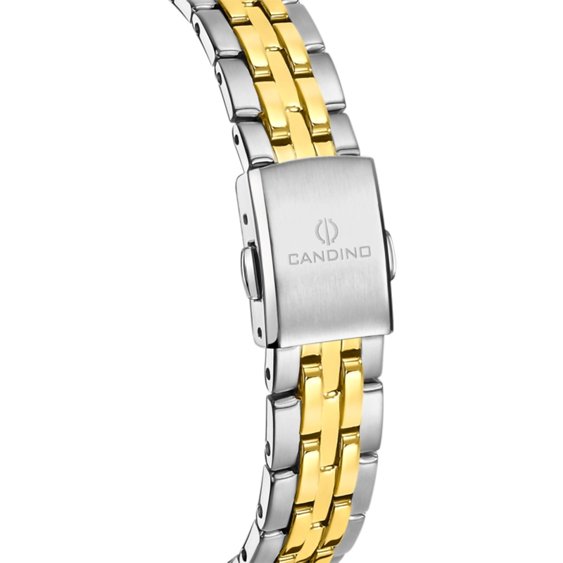 Reloj Candino analogo, para Dama, tablero redondo color blanco, estilo puntos + romano, pulso acero colores plateado y dorado, calendario