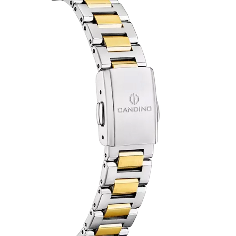 Reloj Candino analogo, para Dama, tablero redondo color azul, estilo index + romano, pulso acero colores plateado y dorado