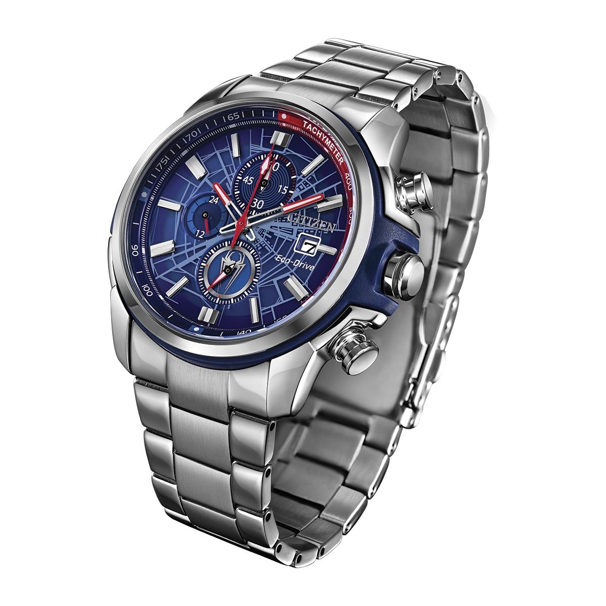 Reloj Citizen análogo, para Hombre, tablero redondo color azul, estilo index, pulso acero color plateado, calendario, cronografo