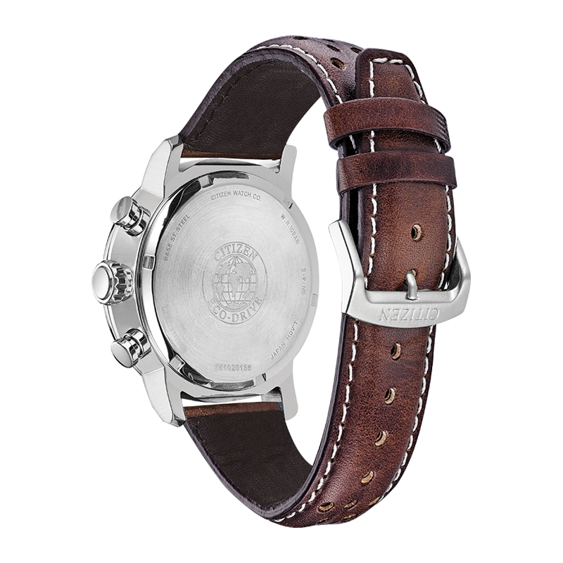 Reloj Citizen analogo, para Hombre, tablero redondo colores azul y rojo, estilo index + arabigo, pulso cuero color café, calendario, cronografo