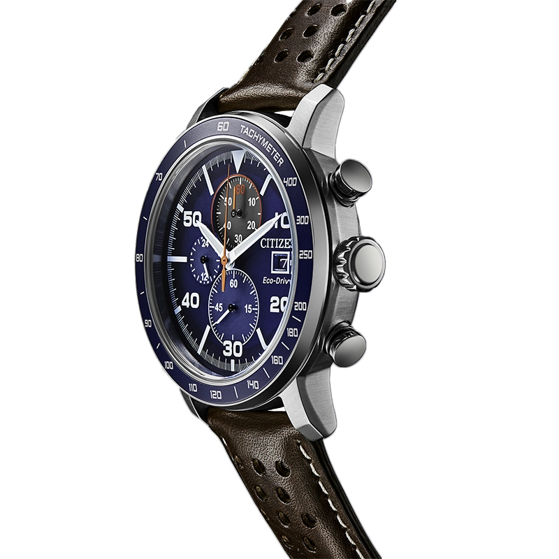 Reloj Citizen analogo, para Hombre, tablero redondo colores azul y rojo, estilo index + arabigo, pulso cuero color café, calendario, cronografo