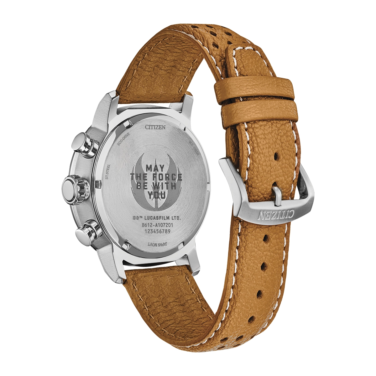 Reloj Citizen análogo, para Hombre, tablero redondo color negro, estilo arábigos, pulso cuero color café, calendario, cronografo