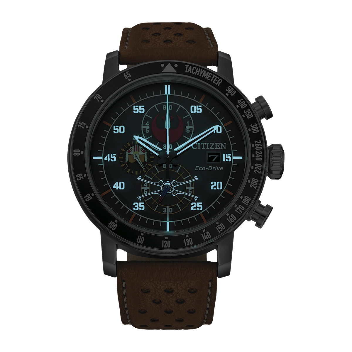 Reloj Citizen análogo, para Hombre, tablero redondo color negro, estilo arábigos, pulso cuero color café, calendario, cronografo