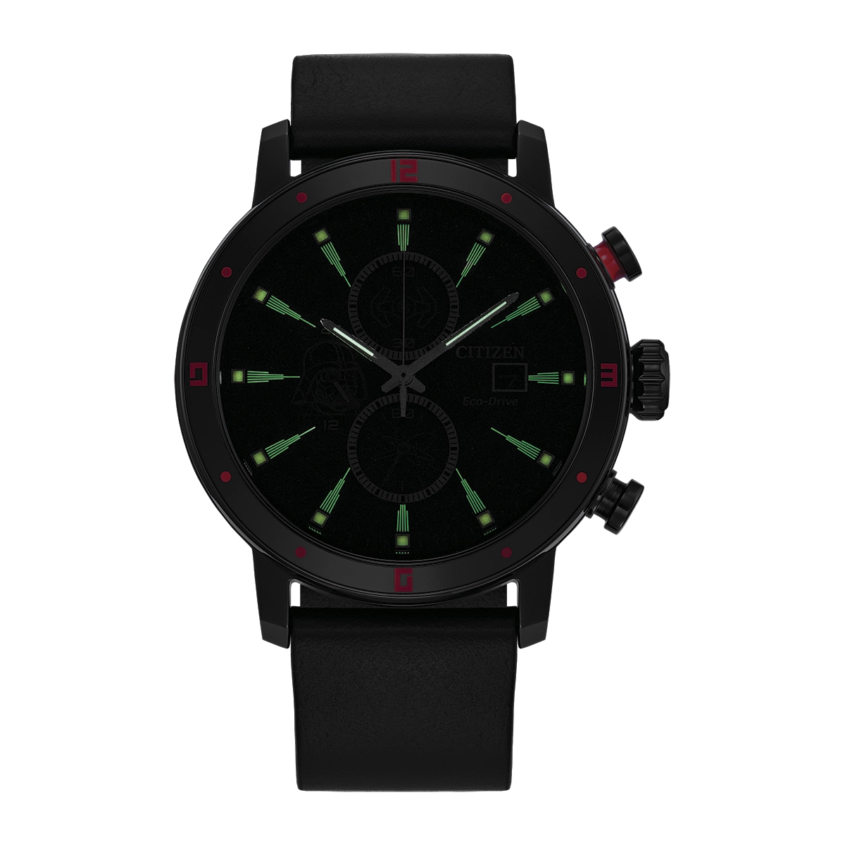 Reloj Citizen análogo, para Hombre, tablero redondo color negro, estilo index, pulso cuero color negro, calendario, cronografo