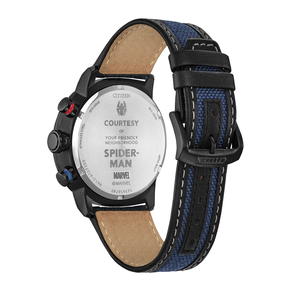 Reloj Citizen análogo, para Hombre, tablero redondo color gris, estilo index, pulso lona colores azul y negro, calendario, cronografo