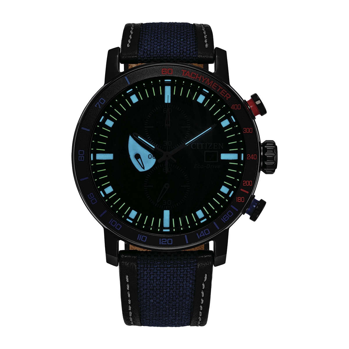 Reloj Citizen análogo, para Hombre, tablero redondo color gris, estilo index, pulso lona colores azul y negro, calendario, cronografo