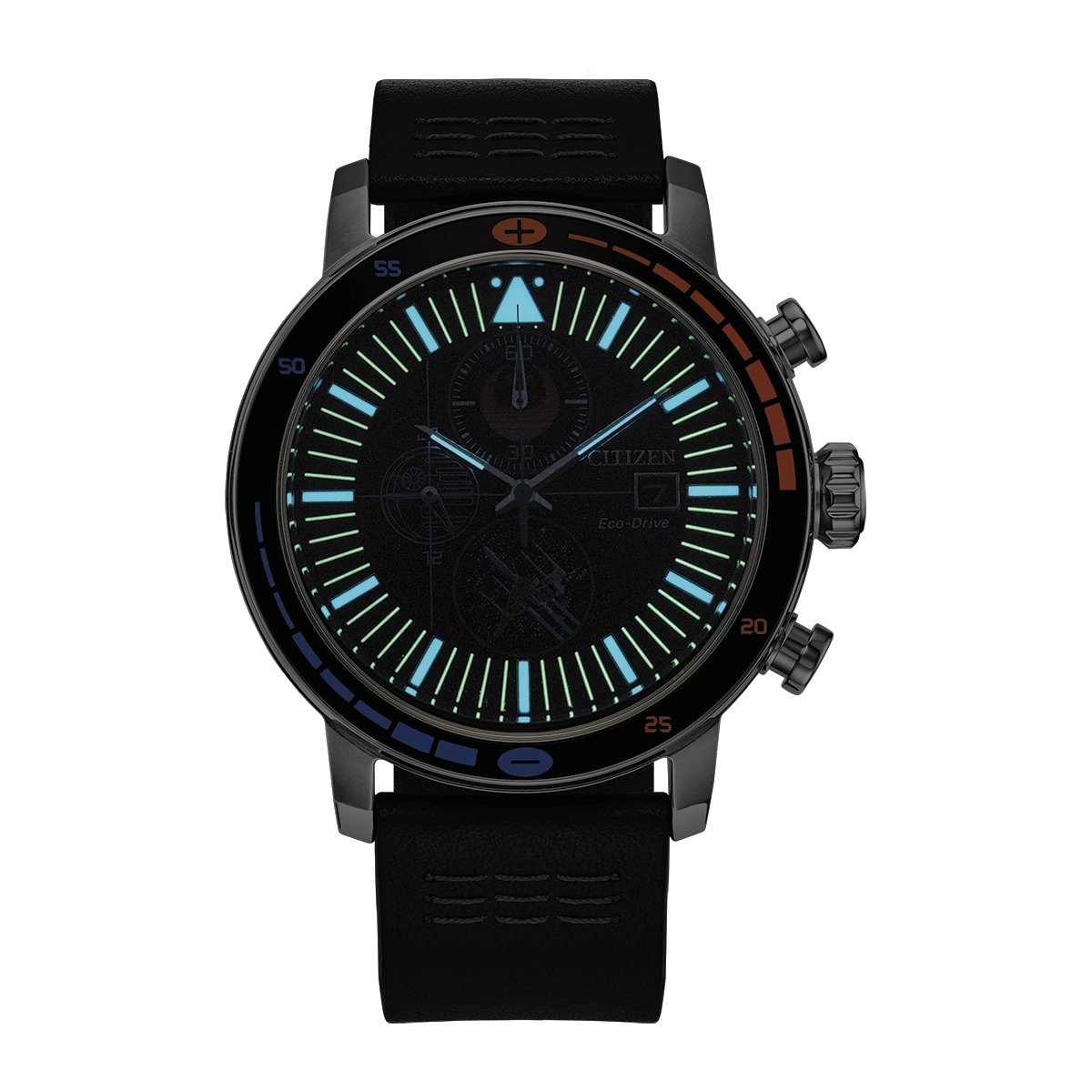 Reloj Citizen análogo, para Hombre, tablero redondo color negro, estilo index, pulso cuero color negro, calendario, cronografo