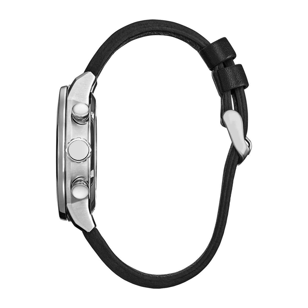 Reloj Citizen análogo, para Hombre, tablero redondo color negro, estilo index, pulso cuero color negro, calendario, cronografo