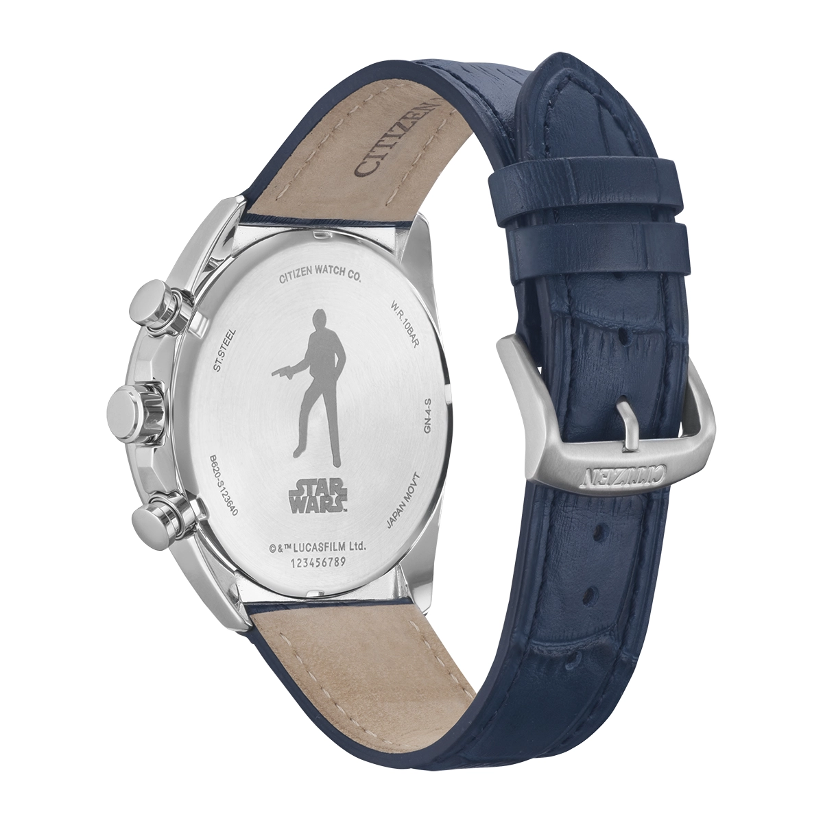 Reloj Citizen análogo, para Hombre, tablero redondo color plateado, estilo index, pulso cuero color azul, calendario, cronografo